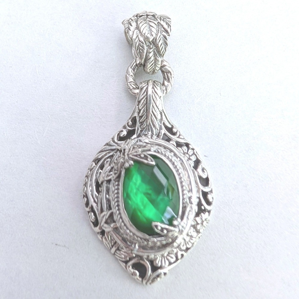 Sarda Bali Vintage Sterling Silver Filigree Dragonfly Green Gemstone Pendant